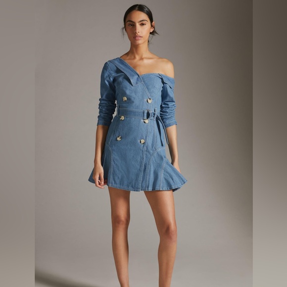 Anthropologie Atsu One-Shoulder Denim Jean Utility Mini Dress - Picture 1 of 16